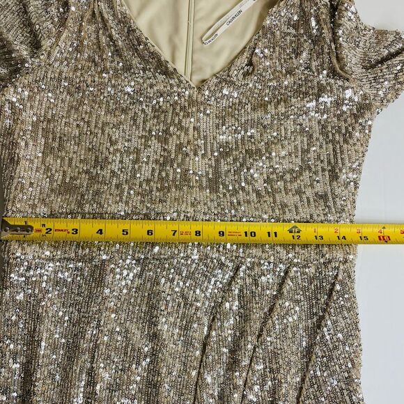 Calvin Klein Long Sleeve Faux Wrap Sequin Knee Length Dress Champagne Beige Gold - Picture 8 of 13